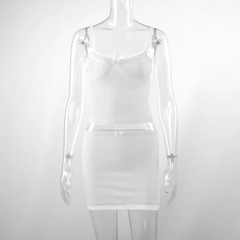 Summer Sexy Two Piece Set Women White Lace Sleeveless Crop Top and Slim Casual Skirt Backless Club Outfit