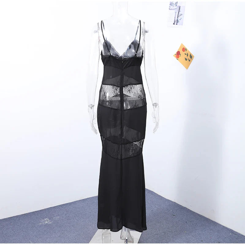Black Backless Lace Maxi Dress For Women See Through