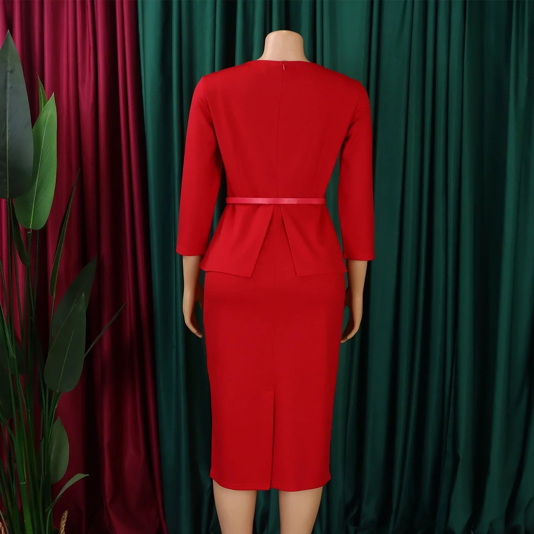 Women's Office Dress Sheath Belted Mid Calf Formal Wear
