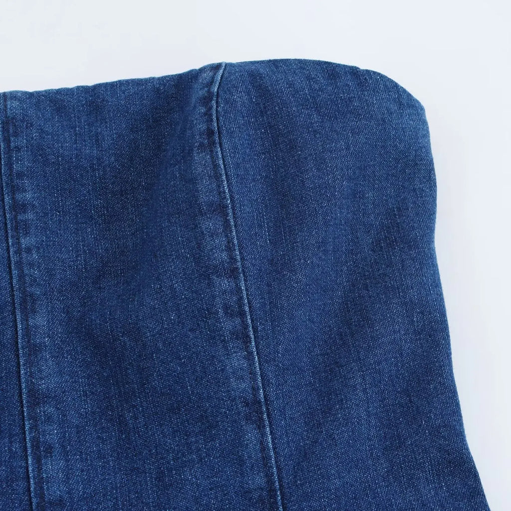 Strapless Denim Dress With Fitted Bodice And Pleated Skirt