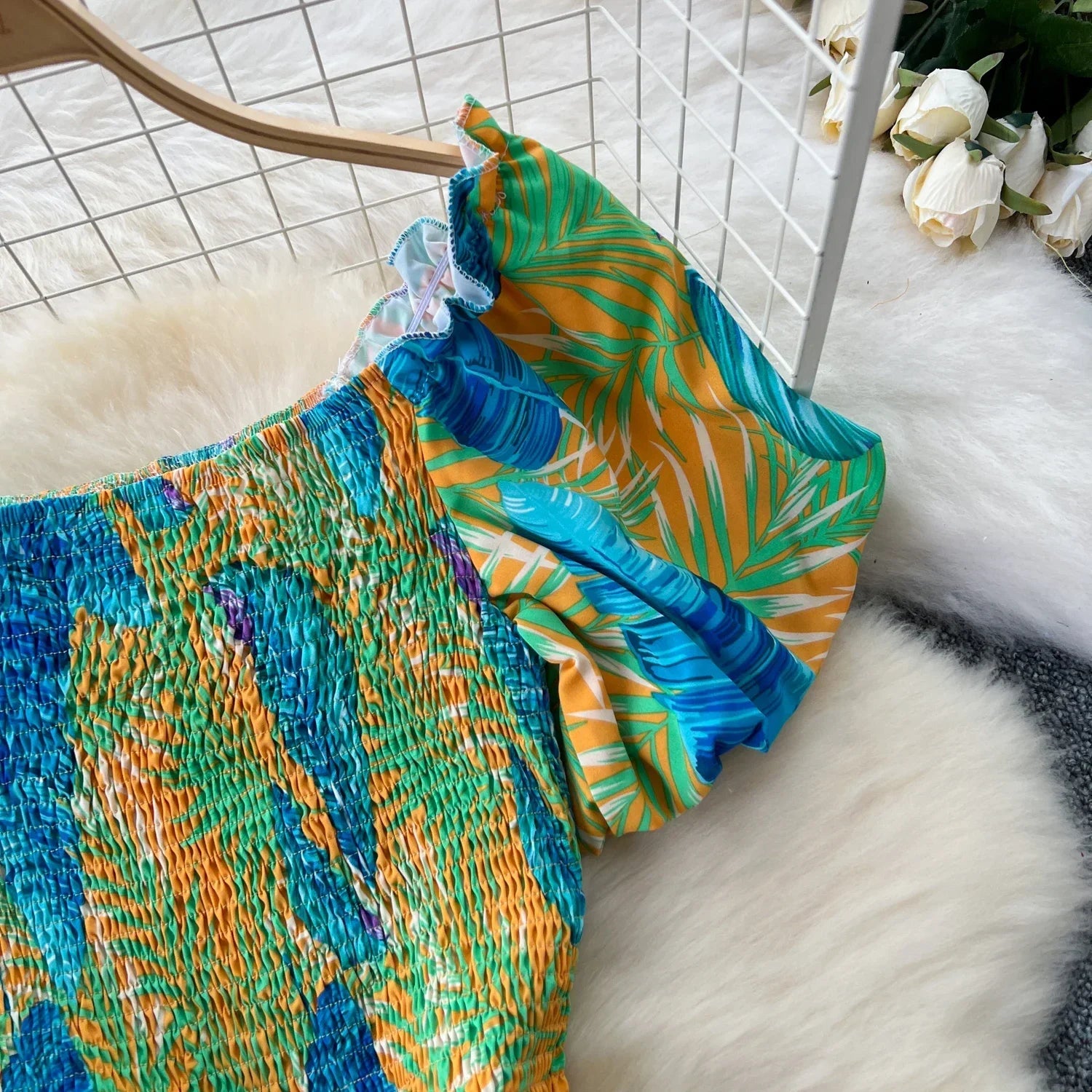 Square Neck Loose Pleated Jumpsuit with Ruffles Backless Design Wide Leg Long Pants Elegant Chic Printed Playsuit for Women