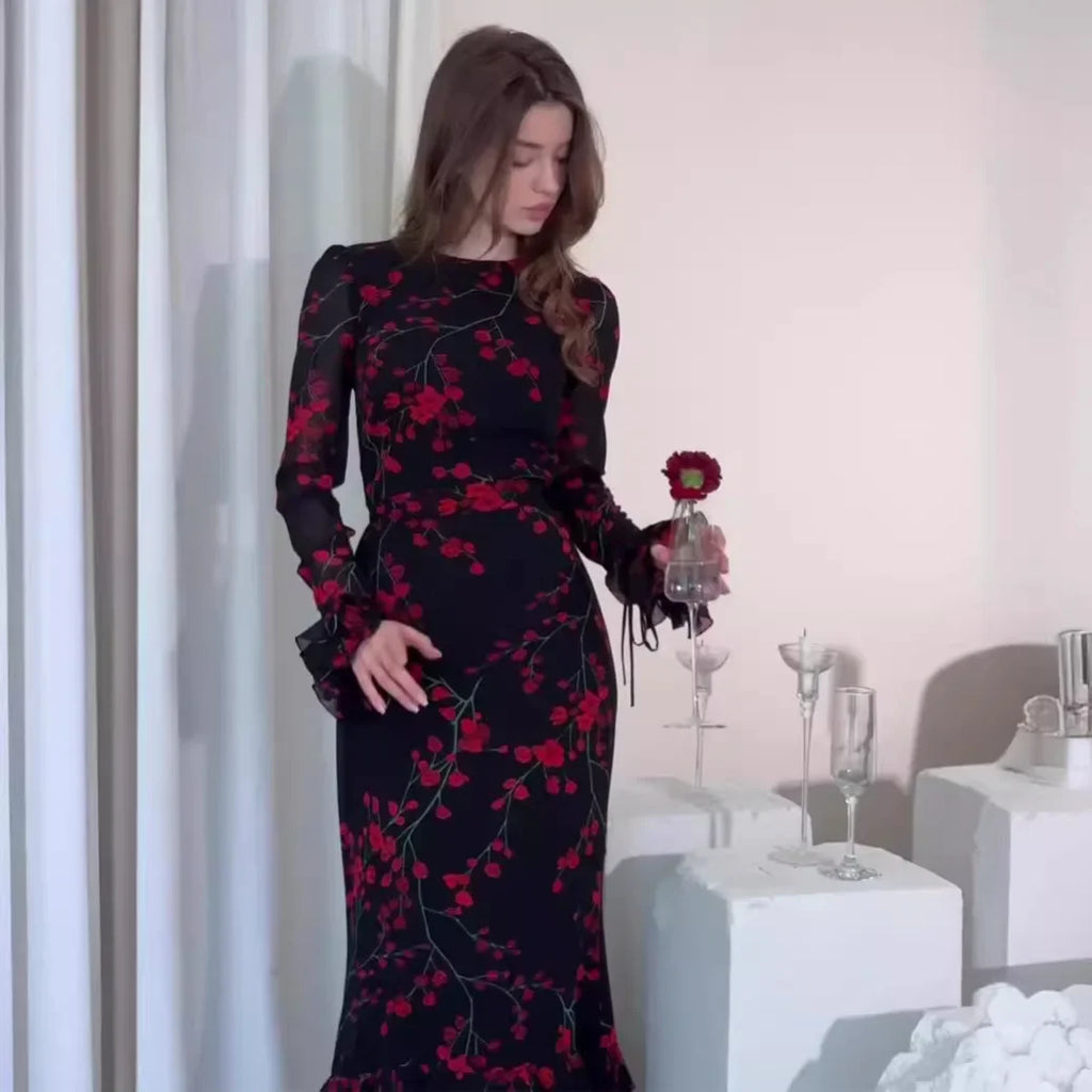 French Floral Printed Evening Dress For Women Slim Fit White