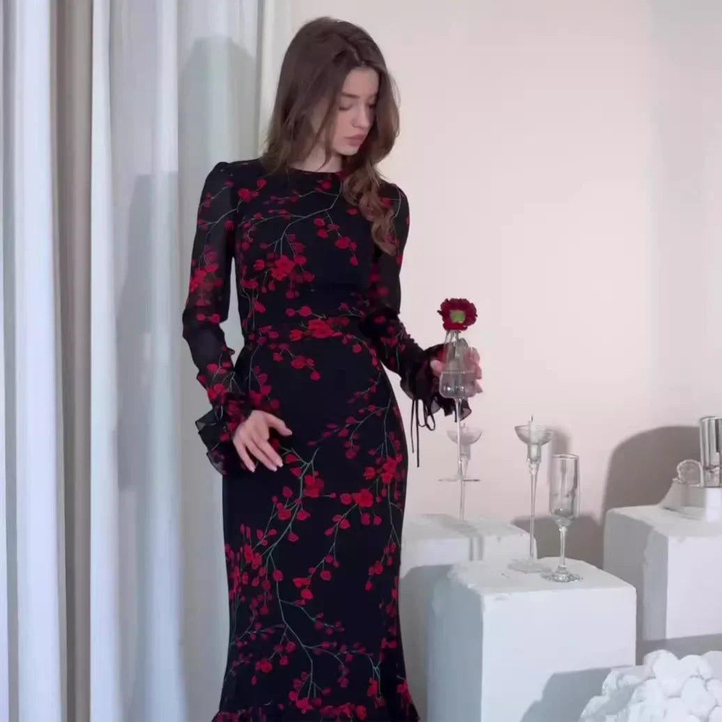 French Floral Printed Evening Dress For Women Slim Fit White