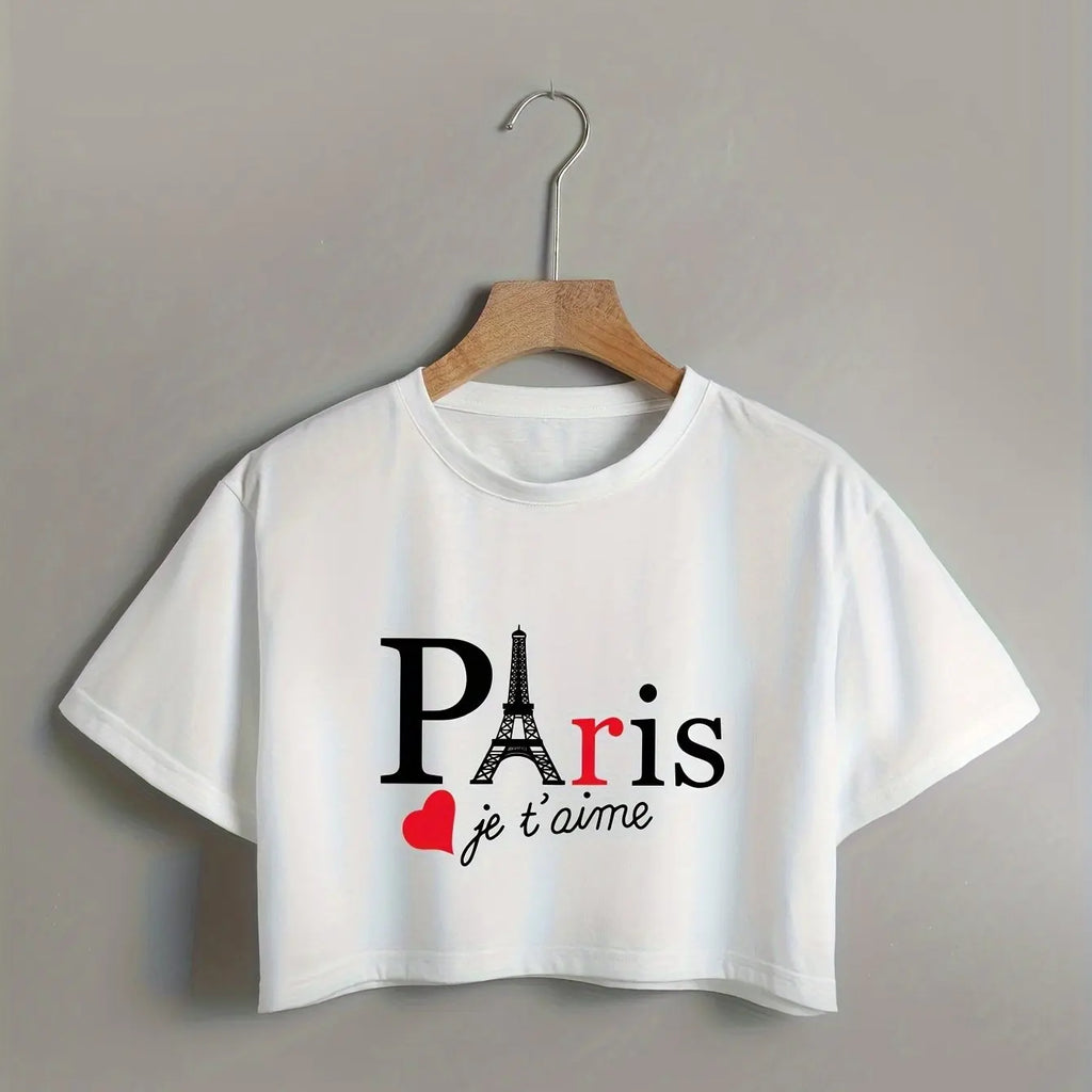 Alphabets Print Short Sleeve Crop Top with Crew Neck and Micro Elasticity for Spring Wear