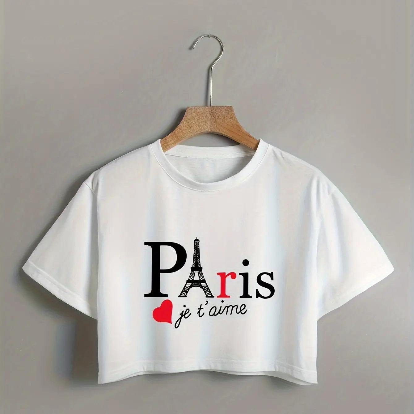 Alphabets Print Short Sleeve Crop Top with Crew Neck and Micro Elasticity for Spring Wear