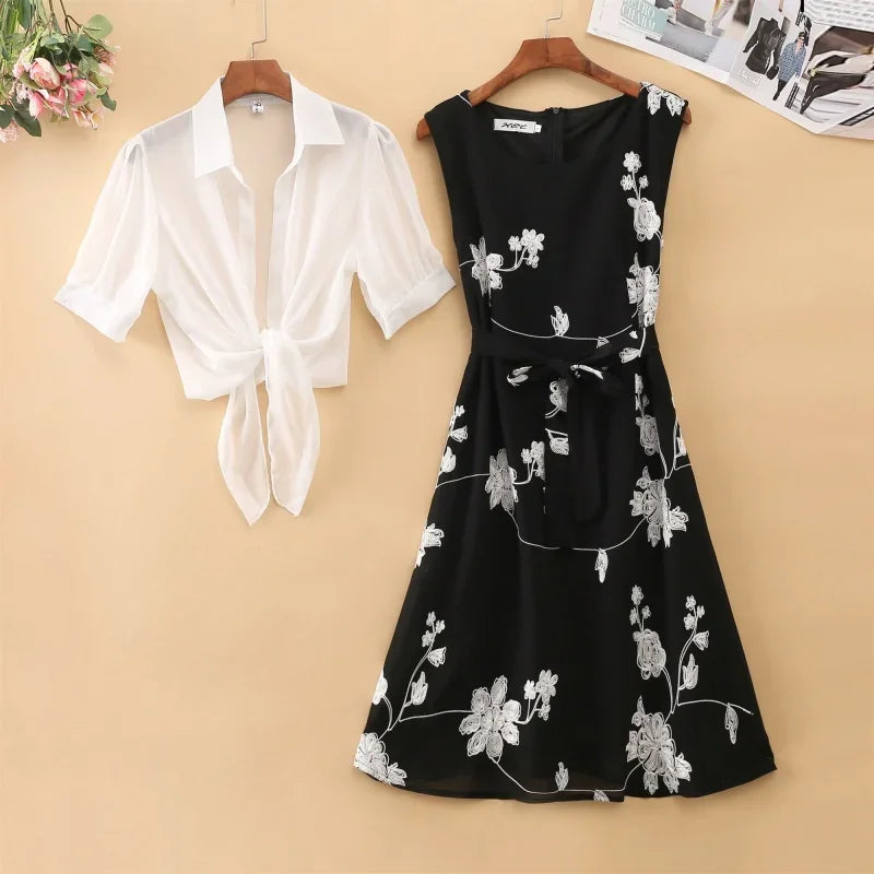 Elegant High Waist Sleeveless Two-Piece Dress with Slim A-Line Skirt Floral Embroidery White Top and Bow Belt Vintage Inspired Women's Suit