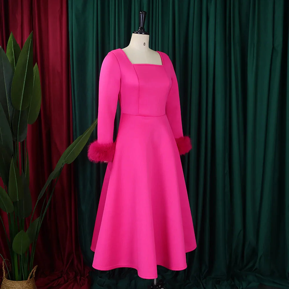 Square Neck Party Dress Women Pleated A Line Mid Calf