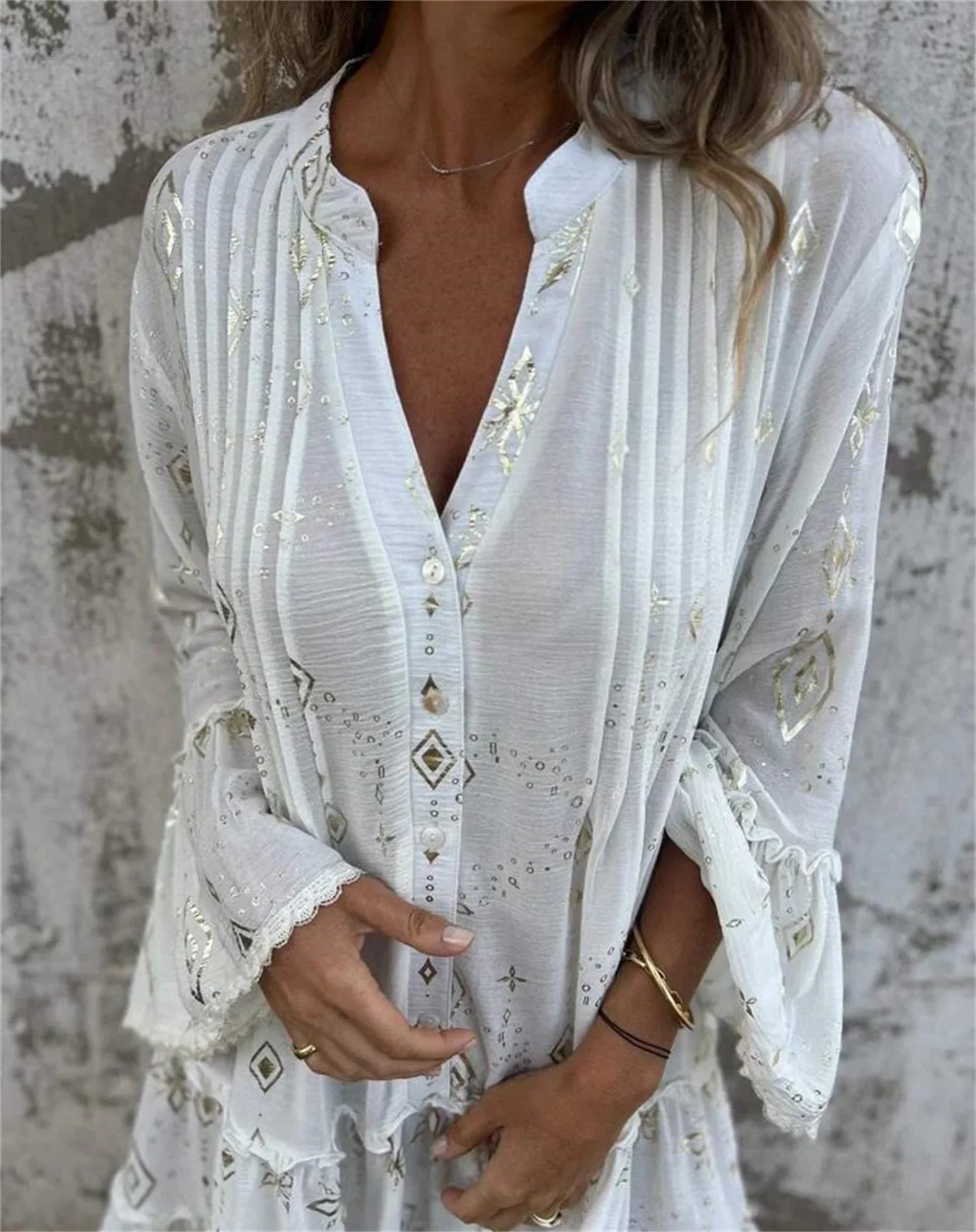 Gold Embossed Lace Sleeve Hollow Out Dress For Women