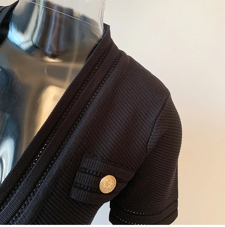 V Neck Knit Short Sleeve Black Sheath Dress With Elastic