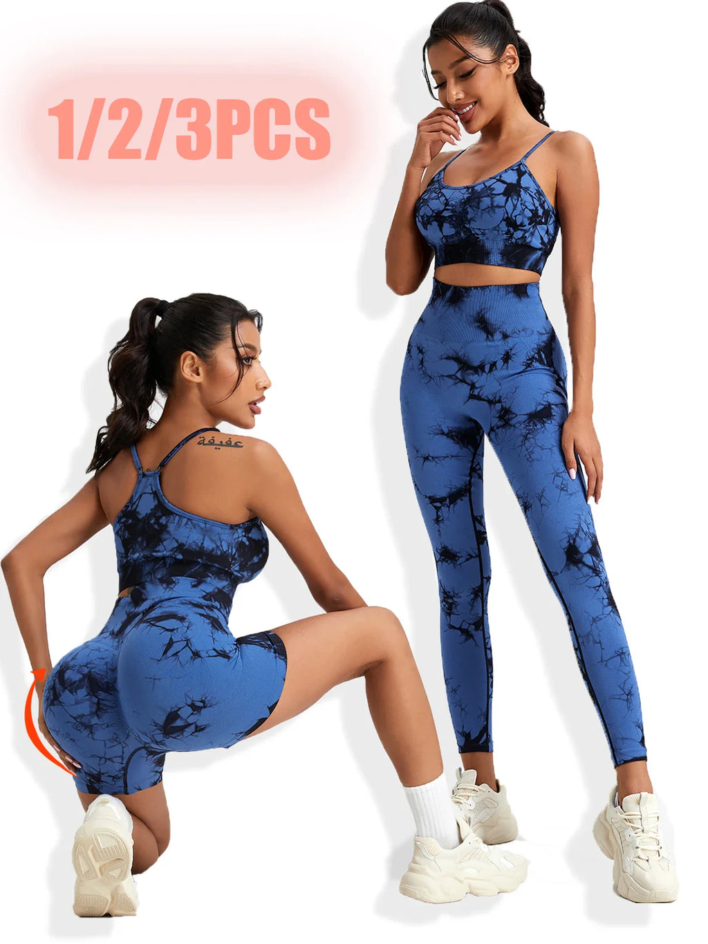 1/2/3PCS Tie Dye Seamless Women's High Waist Activewear Sets Stretch Sport Pants and Y2K Print Crop Tops for Running and Autumn Fitness