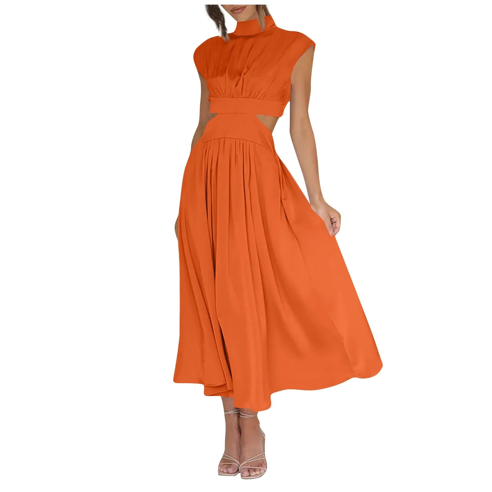 Solid Color High Waist Maxi Dress Sleeveless With Pockets