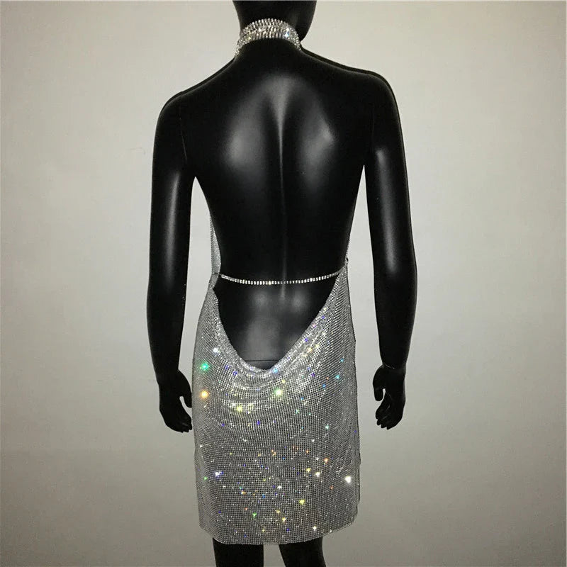 Sequin Rhinestone Backless Mini Dress For Nightclub Party