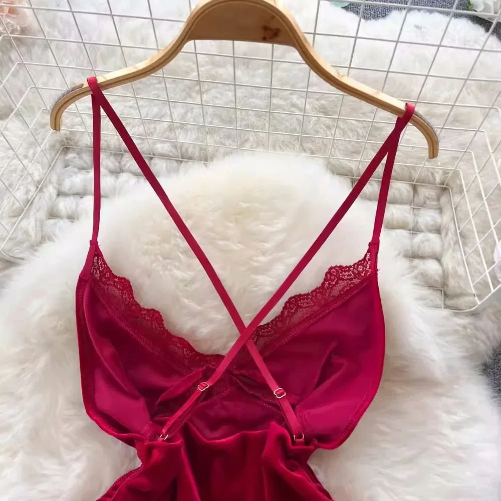 Golden Velvet Backless Lingerie With Lace Trim Sleep Dress