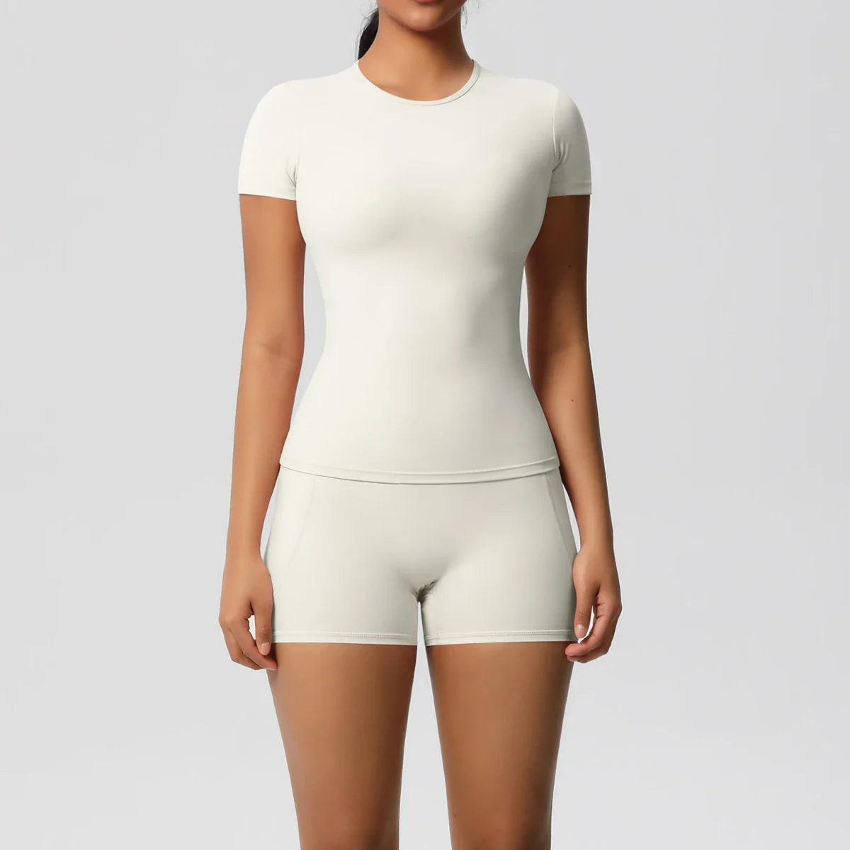 2PCS Women's Yoga Set with Pocketed Shorts and Short Sleeve Crop Top Sports Bra Comfortable Fitness Tracksuit Activewear for Gym and Outdoor Workouts