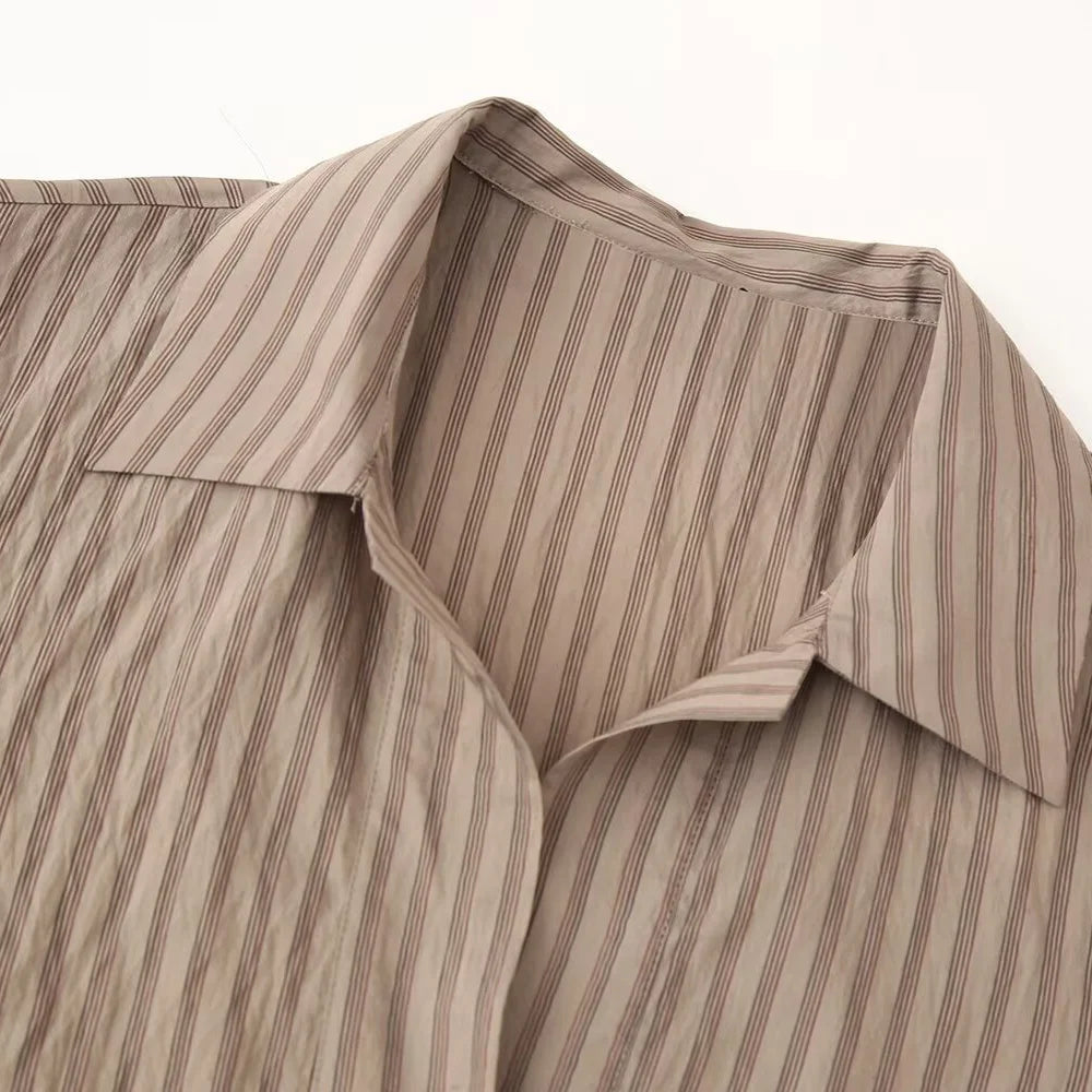 Women's Casual Striped Shirt and Elastic Waist Wide Leg Pants Relaxing Set