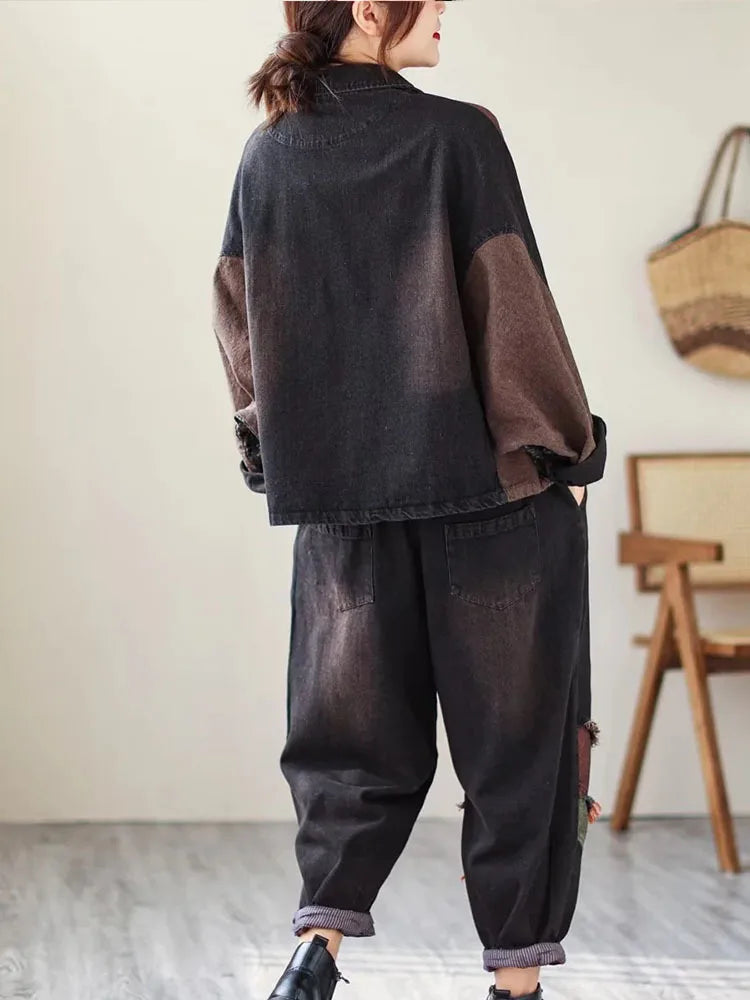 Womens Vintage Denim Two Piece Set with Printed Jacket and Casual Jeans