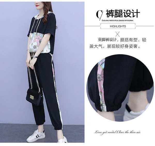 Women's Casual Two Piece Set with Hooded T-Shirt and Contrast Printed Pants for Spring and Summer Fashion