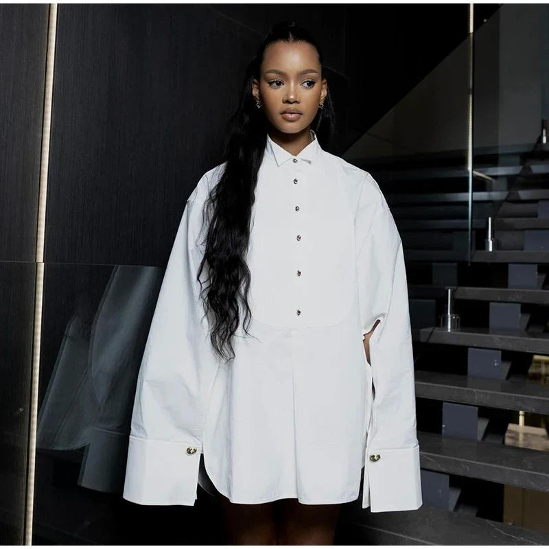 White Chiffon Shirt for Women with Lapel Collar Lantern Sleeves Single Breasted Irregular Hem Loose Fit Blouse Elegant Casual Top