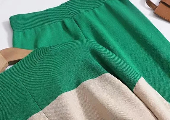 Spring Women Knitted Sweater Set Casual Pullover and Pant Outfit with Color Contrast Block Design