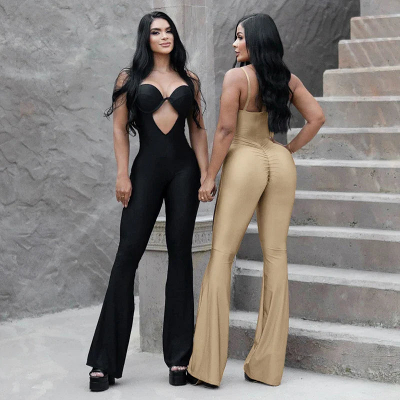 V-Neck Strapless Hollow Out One-Piece Jumpsuit Tight Fit Sporty Fitness Bodysuit for Buttock and Abdomen Lifting