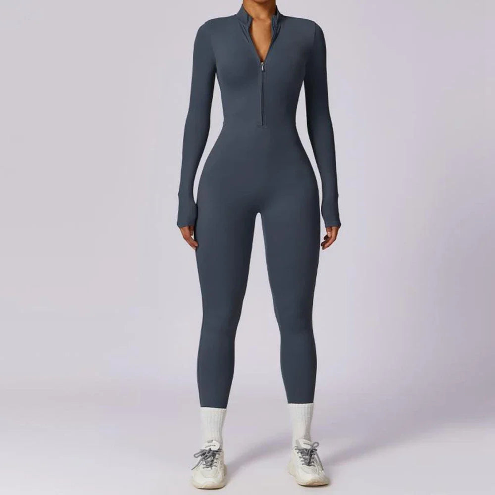 Womens Long Sleeve Slim Fit Yoga Jumpsuit Stretch One Piece Romper with Front Zipper Sexy Fitness Activewear Sportwear