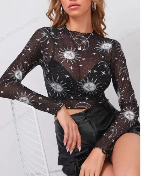 Sun and Moon Sheer Mesh Crop Top for Trendy Summer Fashion