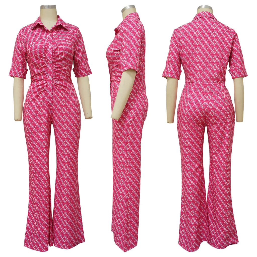 Elegant Chic Printed Women One Piece Slim Fit V Neck Long Sleeve Wrap Waist Jumpsuit Office Fashion Outfit