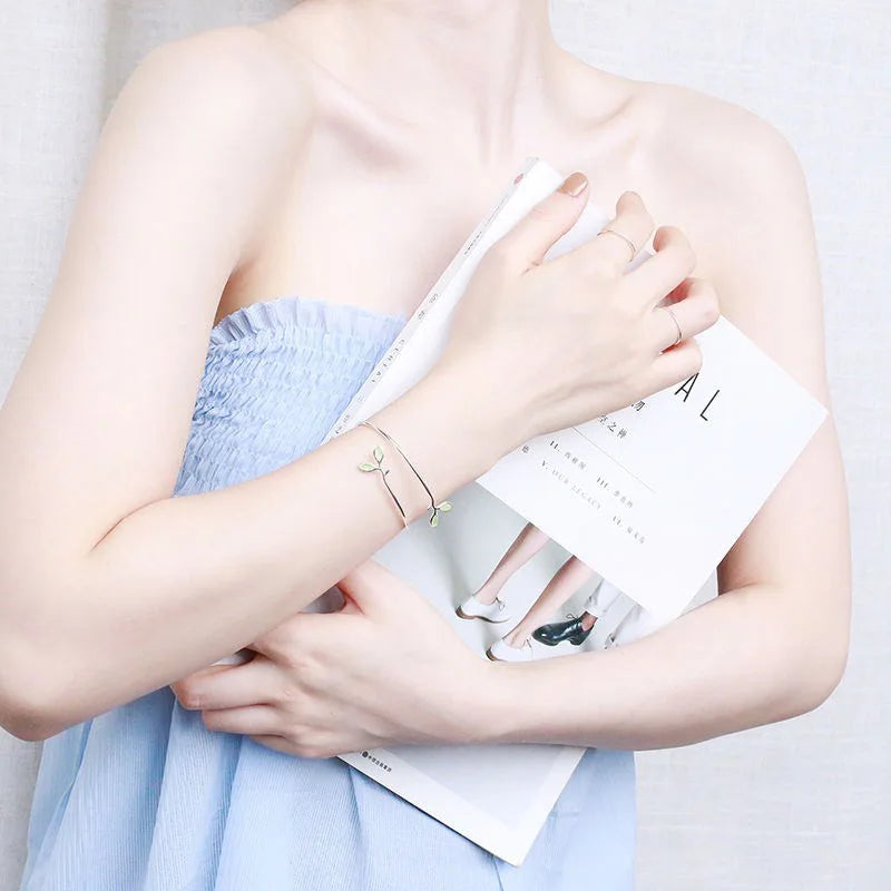 925 Sterling Silver Bangle with Green Opal Leaf Design for Women - Elegant Twigs Branch Jewelry Gift