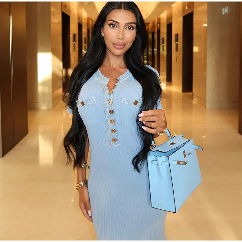 Elegant Denim Patchwork Knitted Long Dress With Pockets