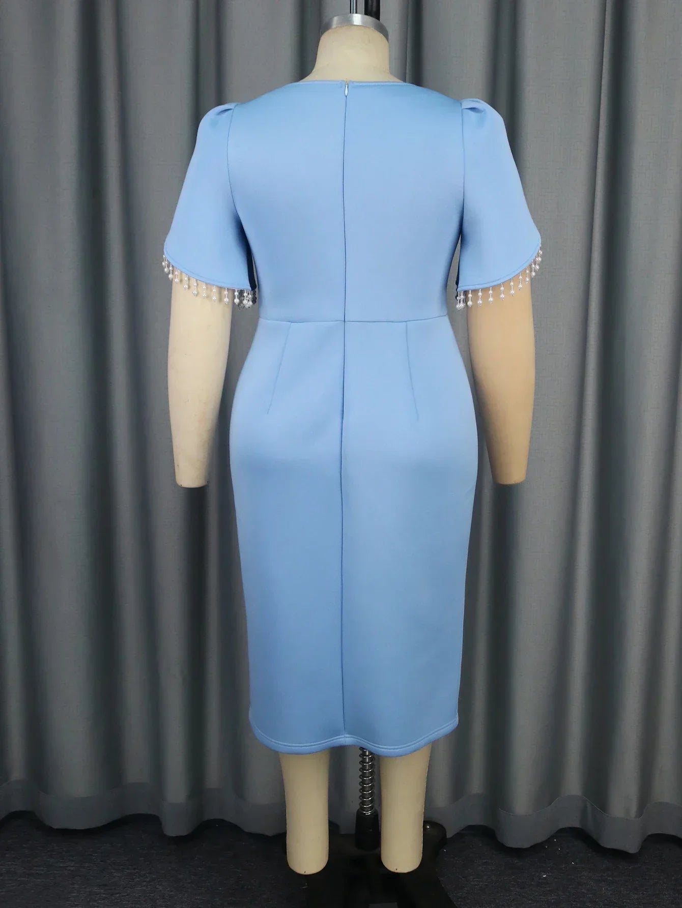 Blue Tassel Evening Gown Square Neck Beaded Patchwork Dress