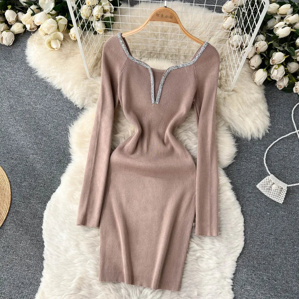 Knit Bodycon Dress For Women Long Sleeve Winter Sweater