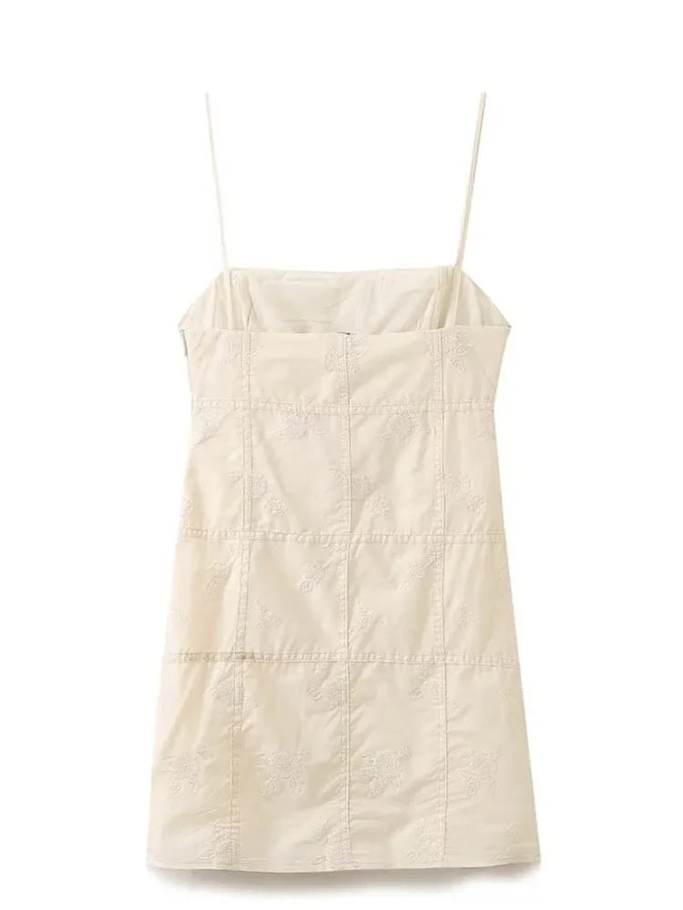 Floral Embroidery Bow Slip Mini Dress With Spaghetti Straps