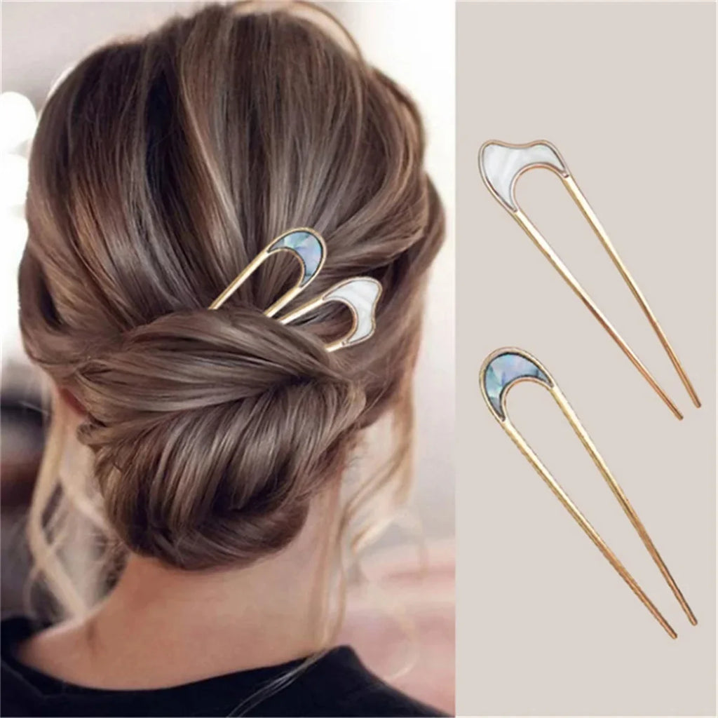 Elegant U Shape Hair Stick for Women in Silver and Gold Color with Shell Enamel Design