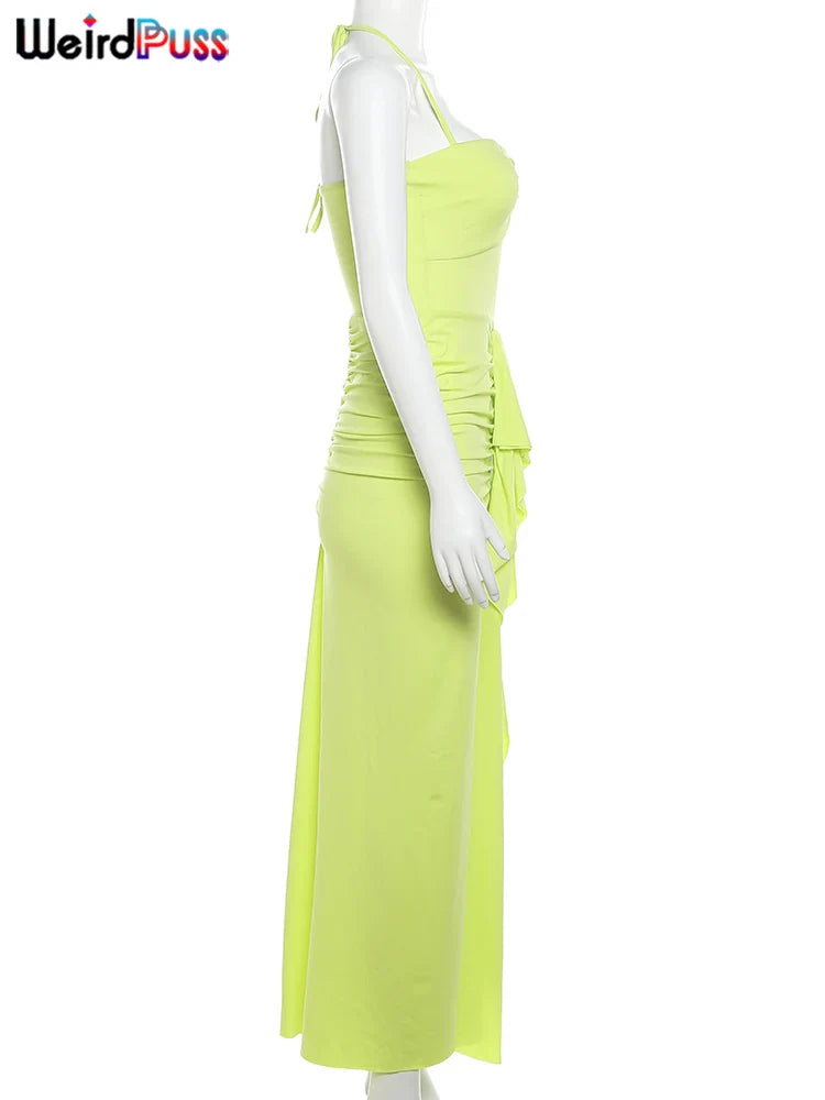 Peach Halter Backless Bodycon Dress With Tassel Ruched