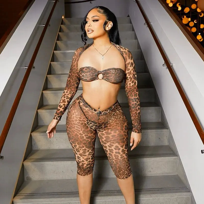 Leopard Print Mesh Long-Sleeved See-Through Sexy Set with Lace-Up Bustier, Short Shawl and Elastic Waist Pants