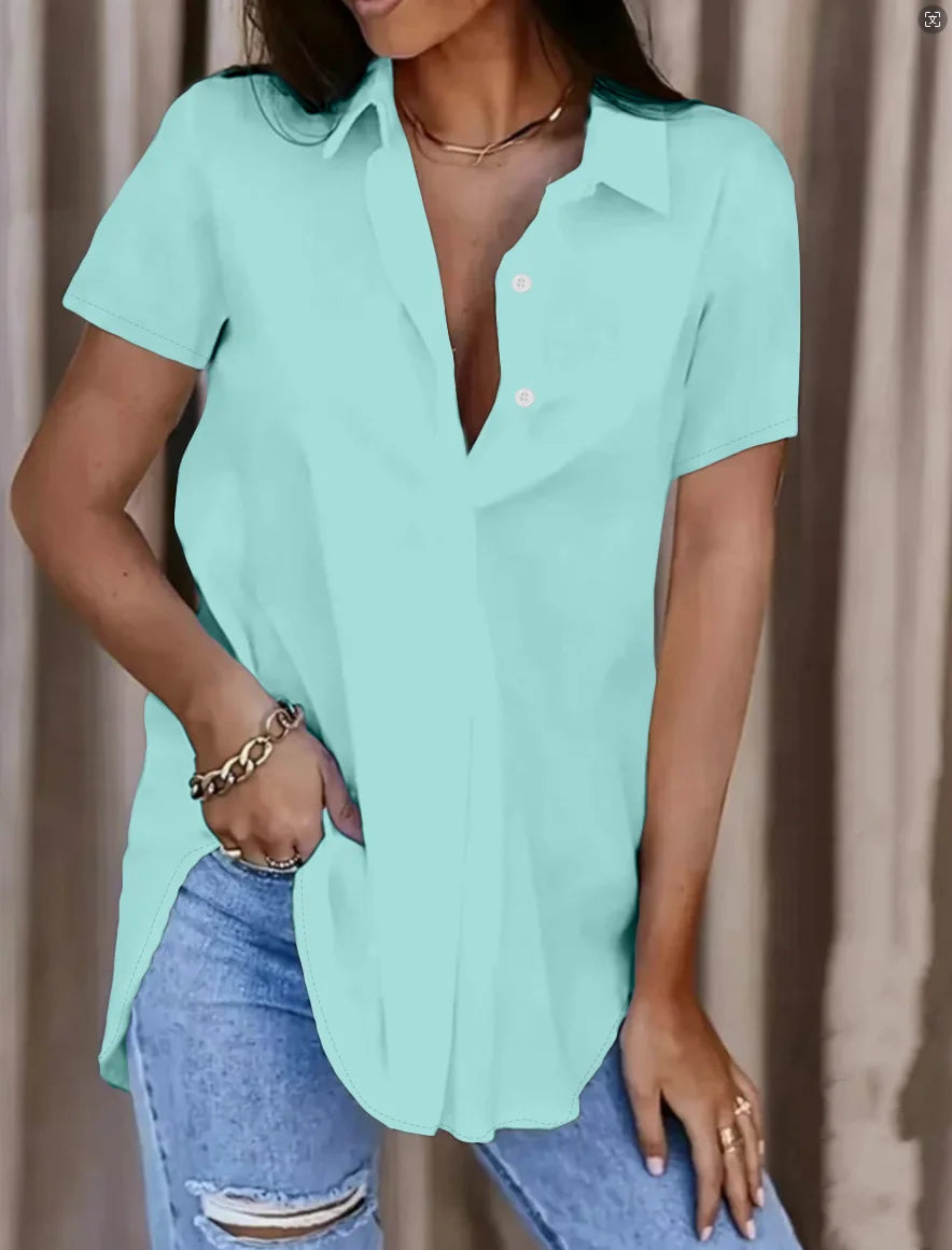 Women Elegant Solid Button V Neck Blouse Casual Short Sleeve Loose Fit Office Shirt Top