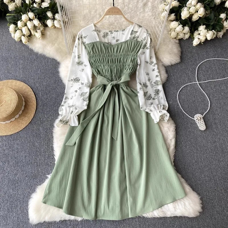 Floral Patchwork Chiffon Dress Belted Long Sleeve Women