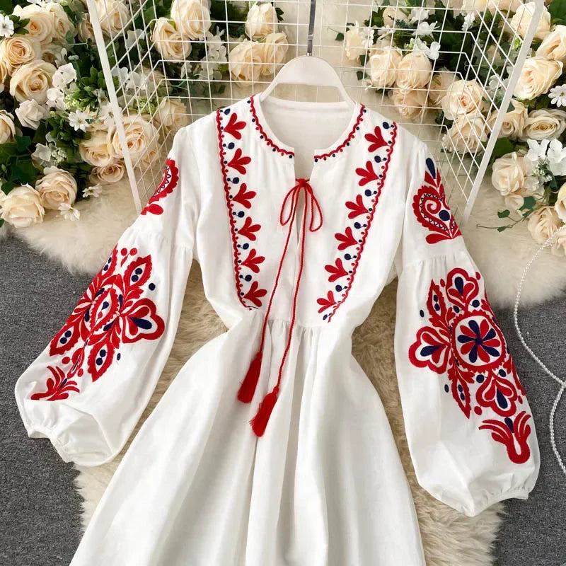 Bohemian Embroidered Floral Dress With Lantern Sleeve
