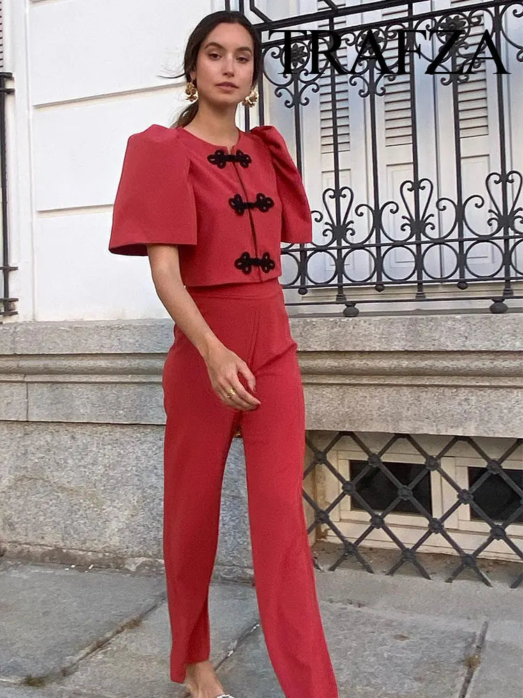 Women's Summer 2-Piece Set Solid Color Puff Sleeve Shirt and Zipper Mid-Rise Street Pants