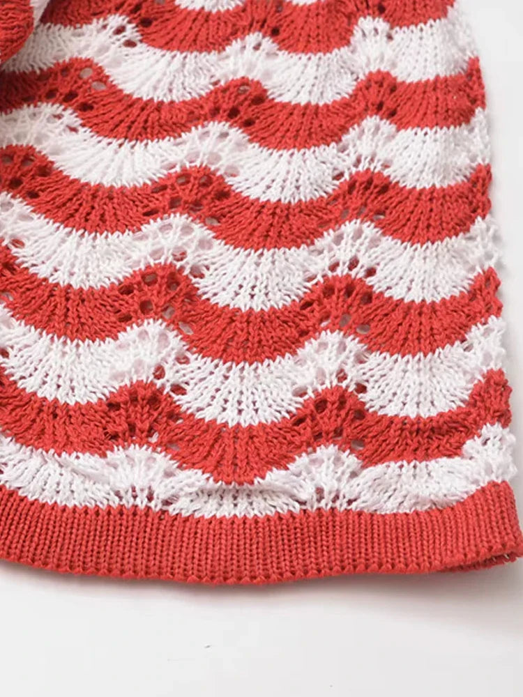 Women's Striped Knit Midi Dress With Front Button O Neck