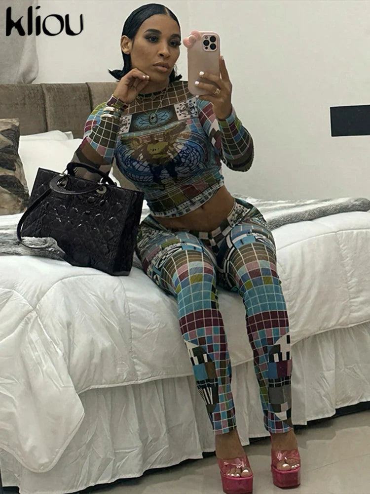 Aesthetic Vintage Hipster Two-Piece Set for Women Autumn Full Sleeve O-Neck Top with High Waist Matching Pants Chic Clubwear Ensemble