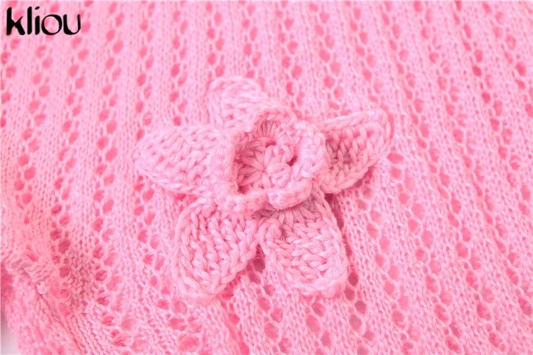 Knitted Floral Women Jumpsuit Sexy Pleated Halter Neck Bandage Low Back Skinny Overalls Trendy Solid Streetwear