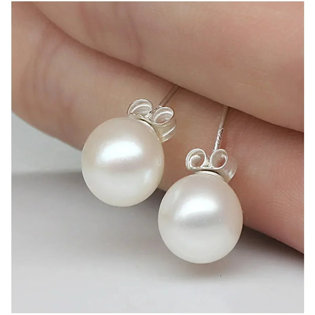 925 Sterling Silver Freshwater Cultured Pearl Button Ball Stud Earrings for Women