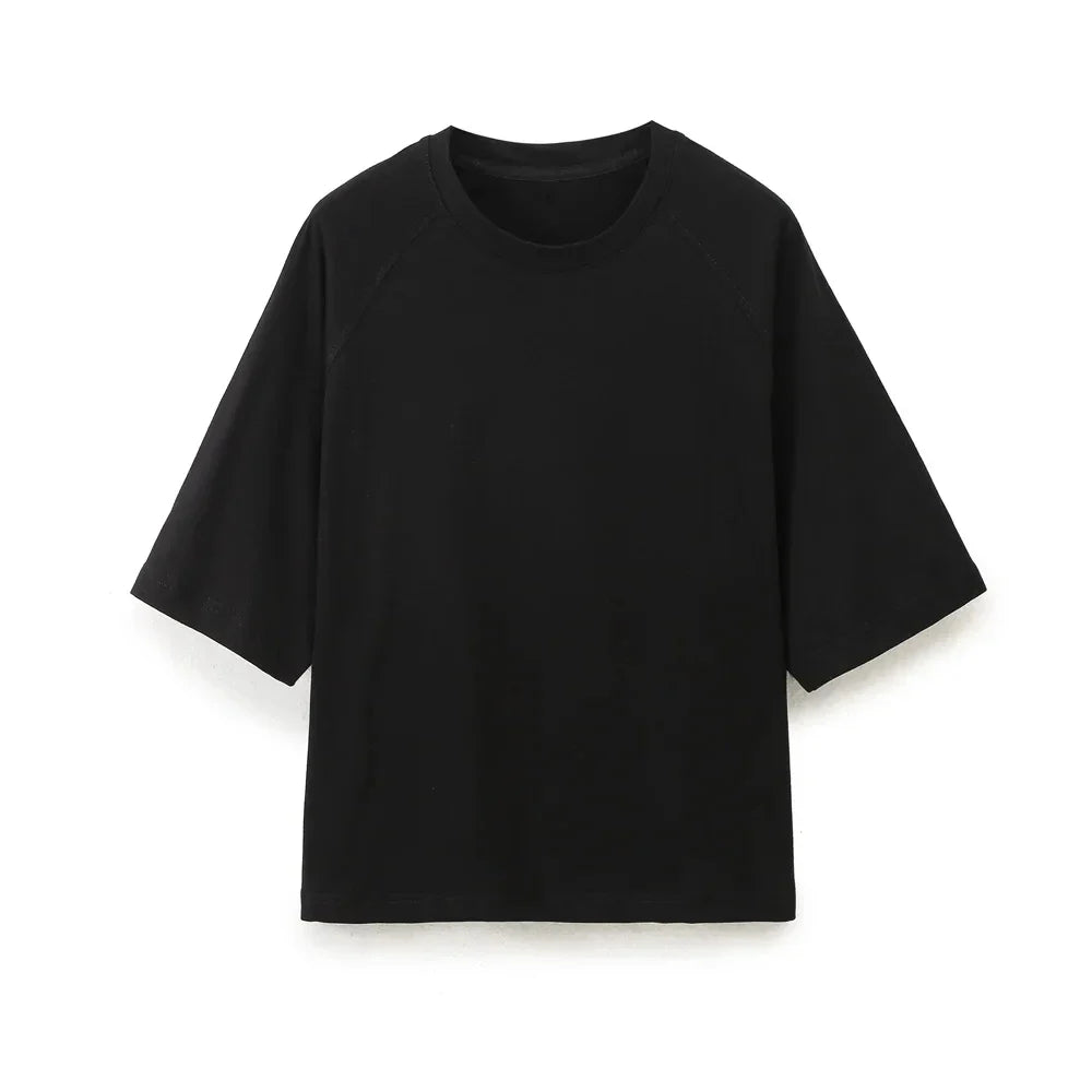 Women's Solid Casual Trouser Set with Short Sleeve T-Shirt and Elastic Waist Wide Leg Pants