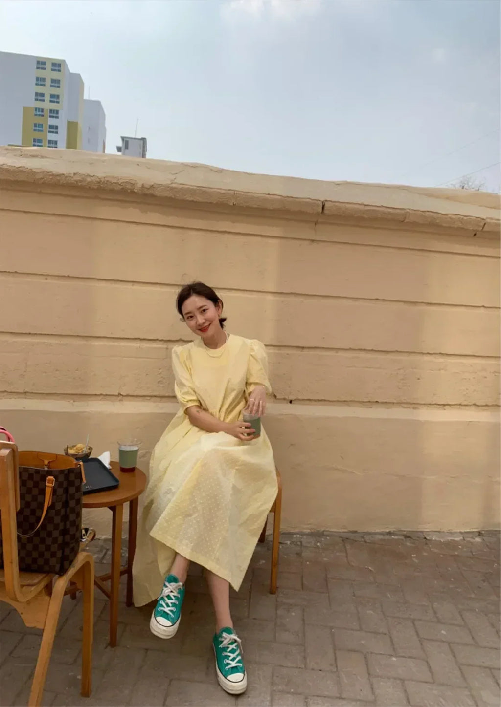 Women Polka Dot Puff Sleeve Long Dress Casual Party