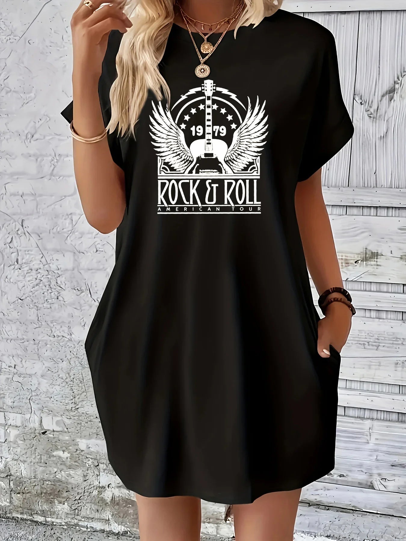 Plus Size Summer Dress Letter Print Round Neck Short Sleeve