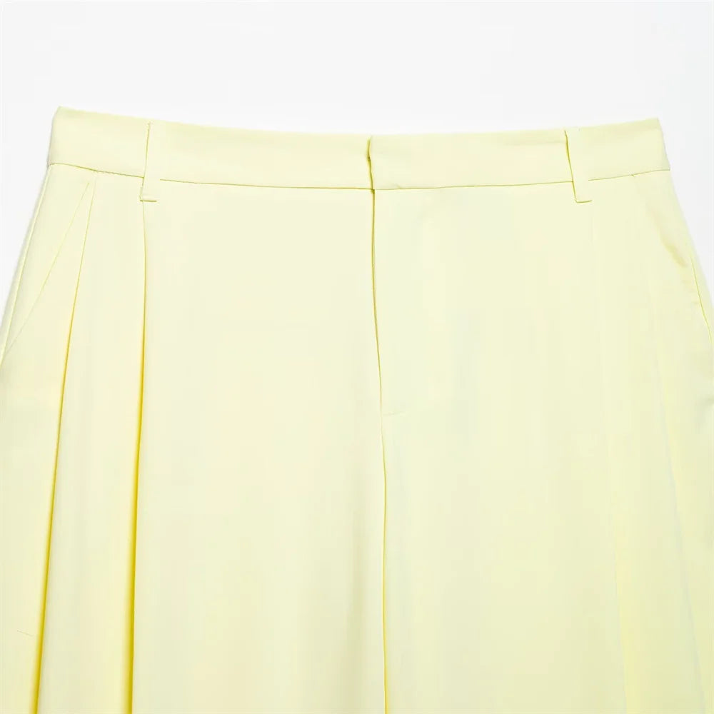 Womens Light Yellow Suit Set Halter Vest with Gold Buttons and Pleated Wide Leg Pants Stylish Ensemble