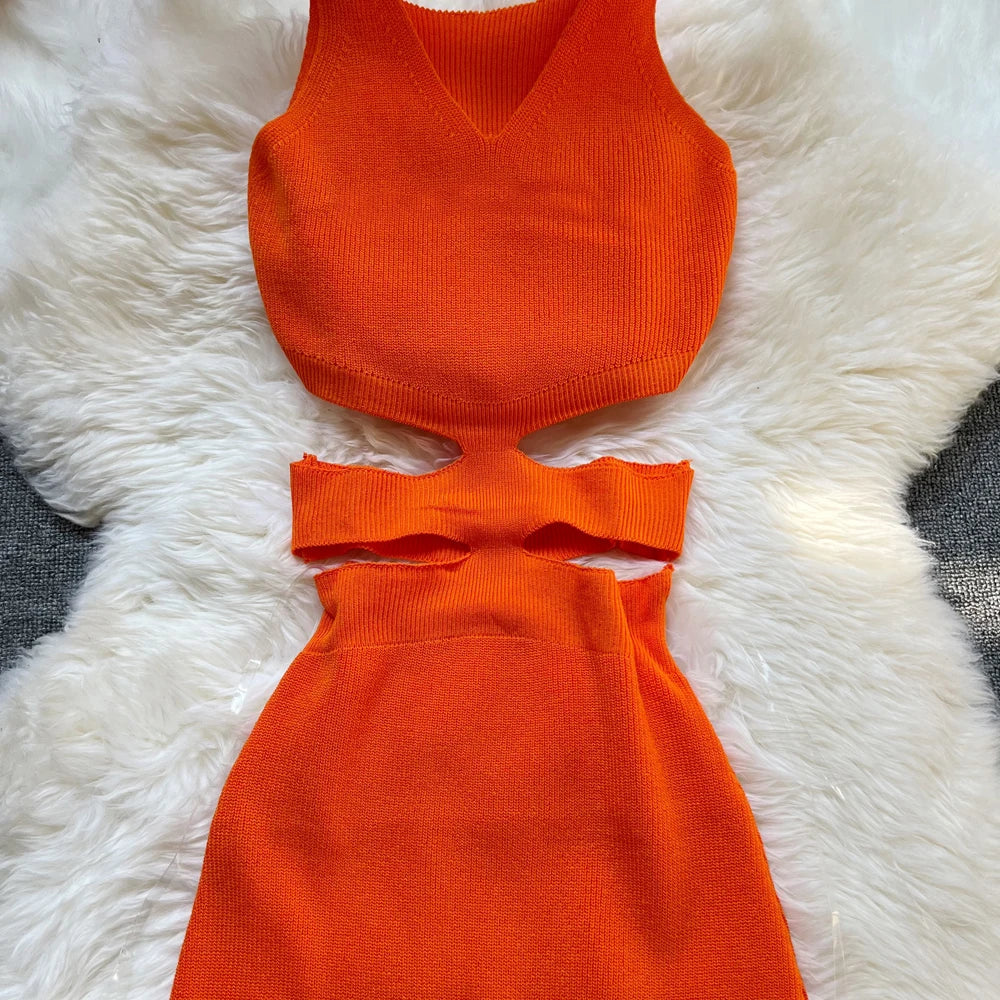 Sexy Hollow Out Waist Knitted Bodycon Summer Dress For Women