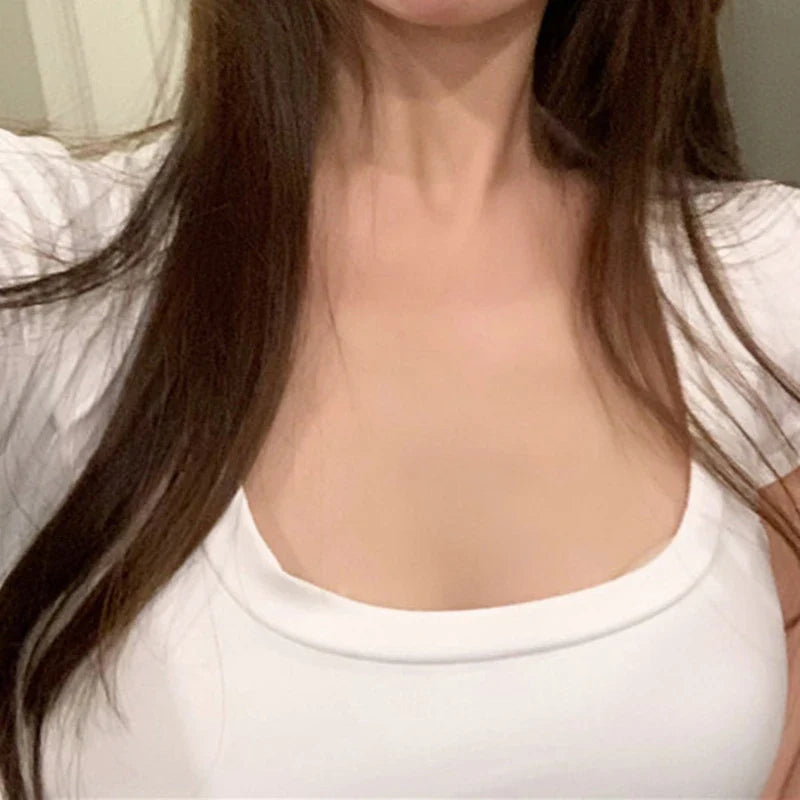 Women Solid Color Cropped T-Shirt Slimming Short Sleeve U Neck Top