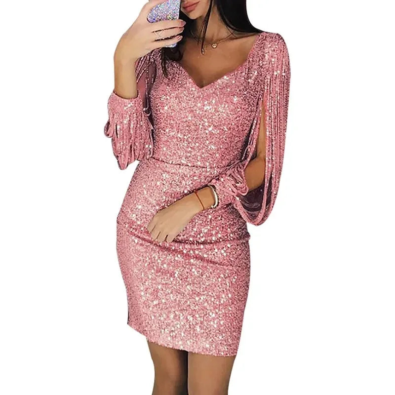 Tassel Mini Dress With V Neck And Three Quarter Sleeve